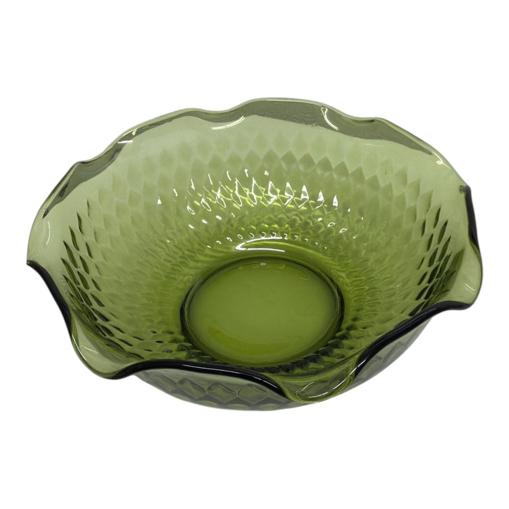 Indiana Glass Avocado Green Scallop Diamond Serving Bowl EUC 9.5" Diameter
